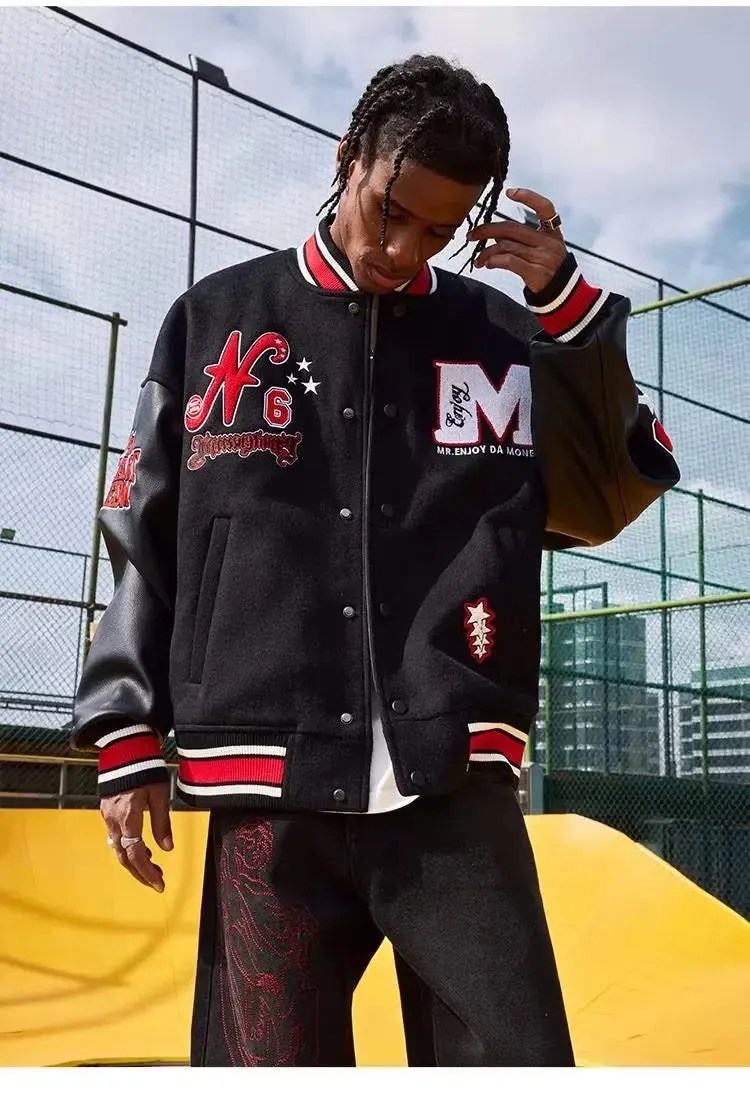 Bomber Jacket Men Women Flocking Hip Hop Loose Casual Patchwork Coat Unisex Embroidery High Street Varsity Baseball Outwear