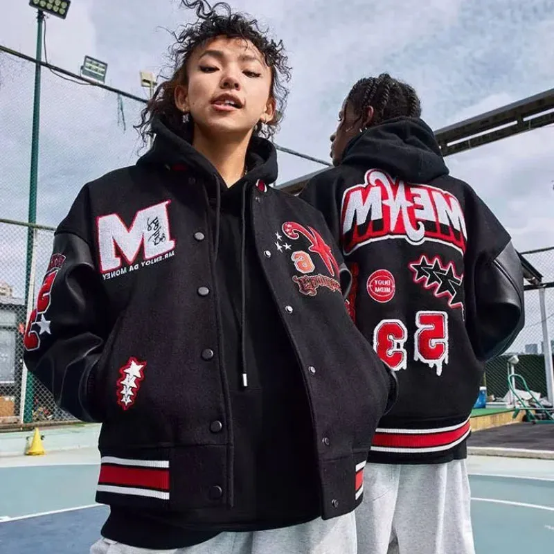 Bomber Jacket Men Women Flocking Hip Hop Loose Casual Patchwork Coat Unisex Embroidery High Street Varsity Baseball Outwear