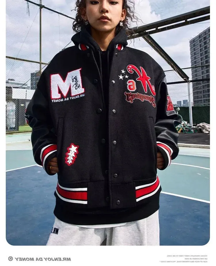 Bomber Jacket Men Women Flocking Hip Hop Loose Casual Patchwork Coat Unisex Embroidery High Street Varsity Baseball Outwear