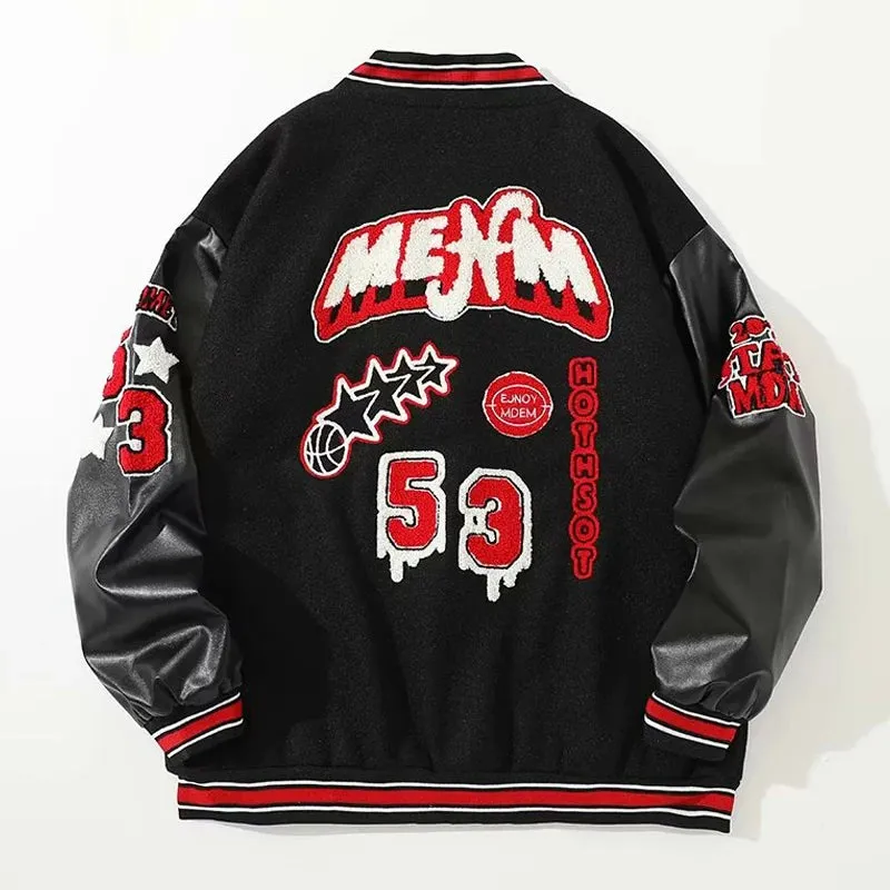 Bomber Jacket Men Women Flocking Hip Hop Loose Casual Patchwork Coat Unisex Embroidery High Street Varsity Baseball Outwear