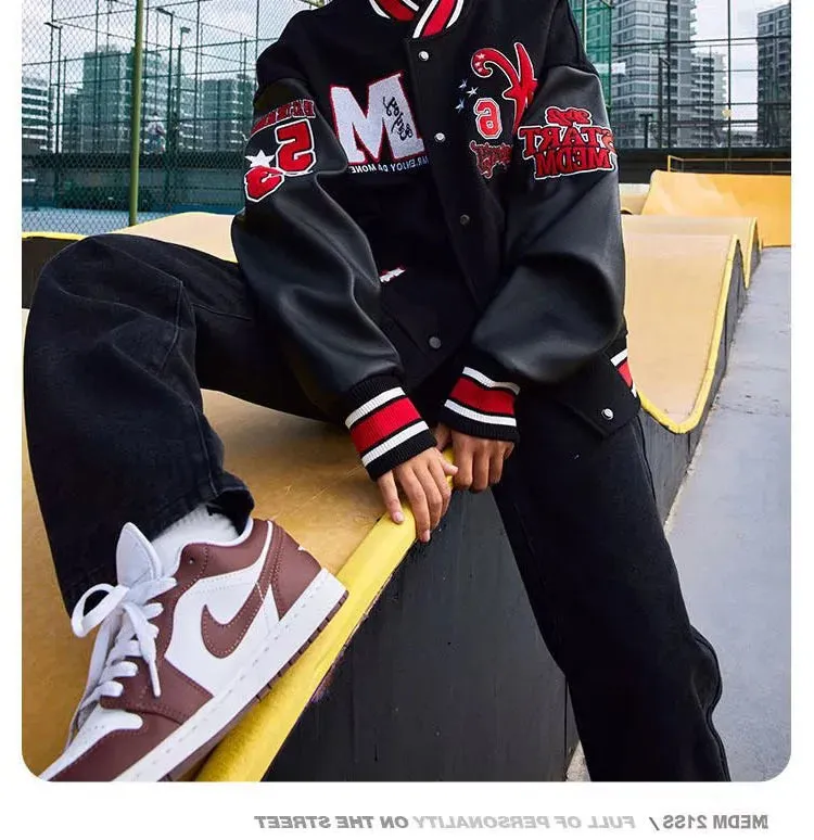 Bomber Jacket Men Women Flocking Hip Hop Loose Casual Patchwork Coat Unisex Embroidery High Street Varsity Baseball Outwear