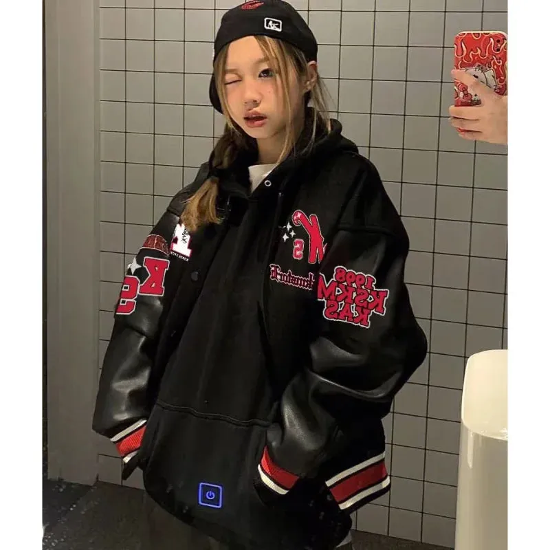 Bomber Jacket Men Women Flocking Hip Hop Loose Casual Patchwork Coat Unisex Embroidery High Street Varsity Baseball Outwear