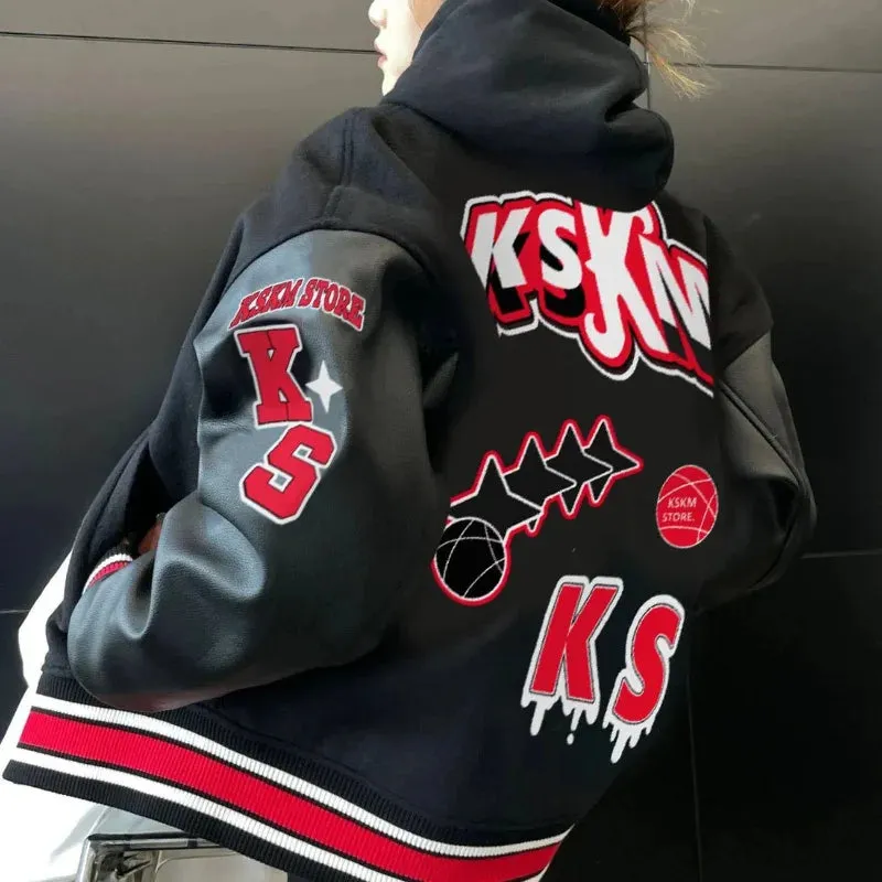 Bomber Jacket Men Women Flocking Hip Hop Loose Casual Patchwork Coat Unisex Embroidery High Street Varsity Baseball Outwear