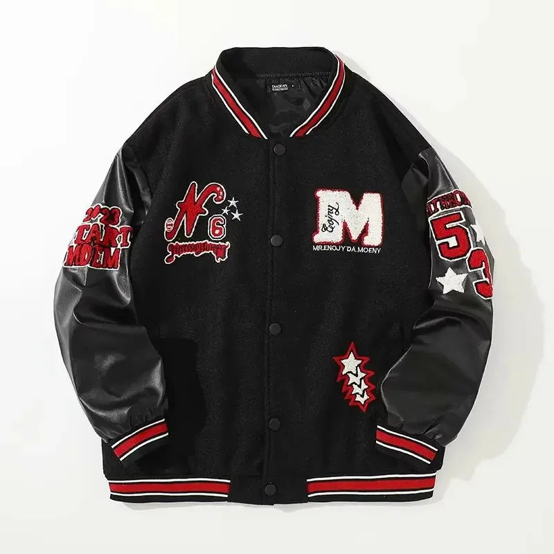 Bomber Jacket Men Women Flocking Hip Hop Loose Casual Patchwork Coat Unisex Embroidery High Street Varsity Baseball Outwear
