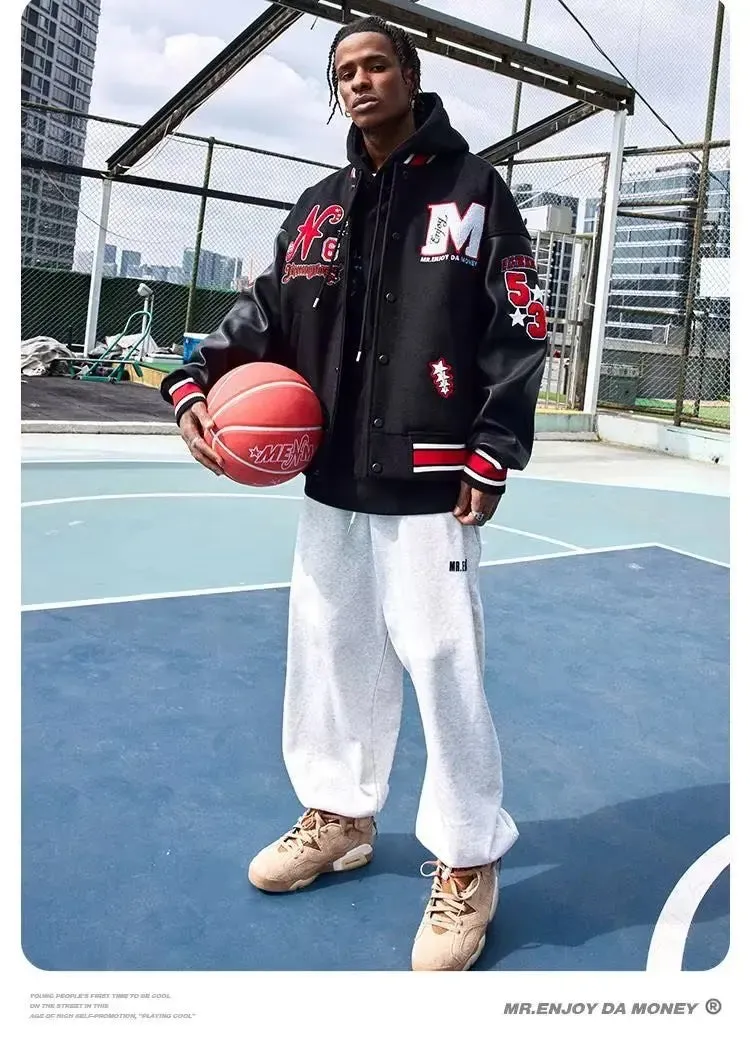 Bomber Jacket Men Women Flocking Hip Hop Loose Casual Patchwork Coat Unisex Embroidery High Street Varsity Baseball Outwear