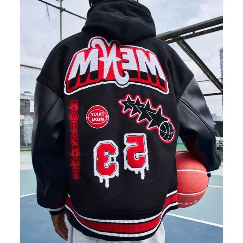 Bomber Jacket Men Women Flocking Hip Hop Loose Casual Patchwork Coat Unisex Embroidery High Street Varsity Baseball Outwear