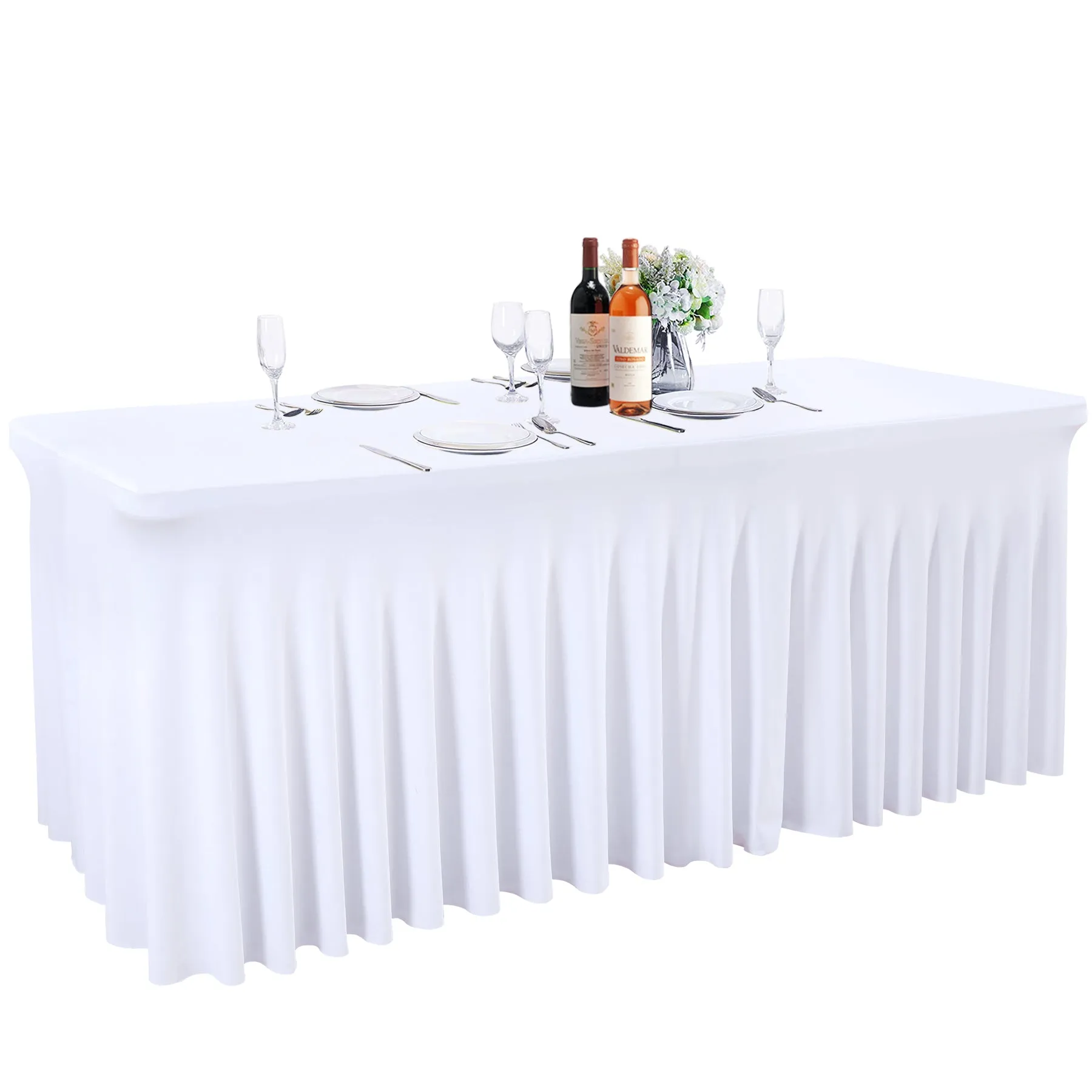 HOHO MONKEY White Spandex Tablecloths Wedding Table Skirt for Rectangle Tables 4ft One-Piece Wrinkle-Resistant Ruffles Design Perfect for Banquets Parties