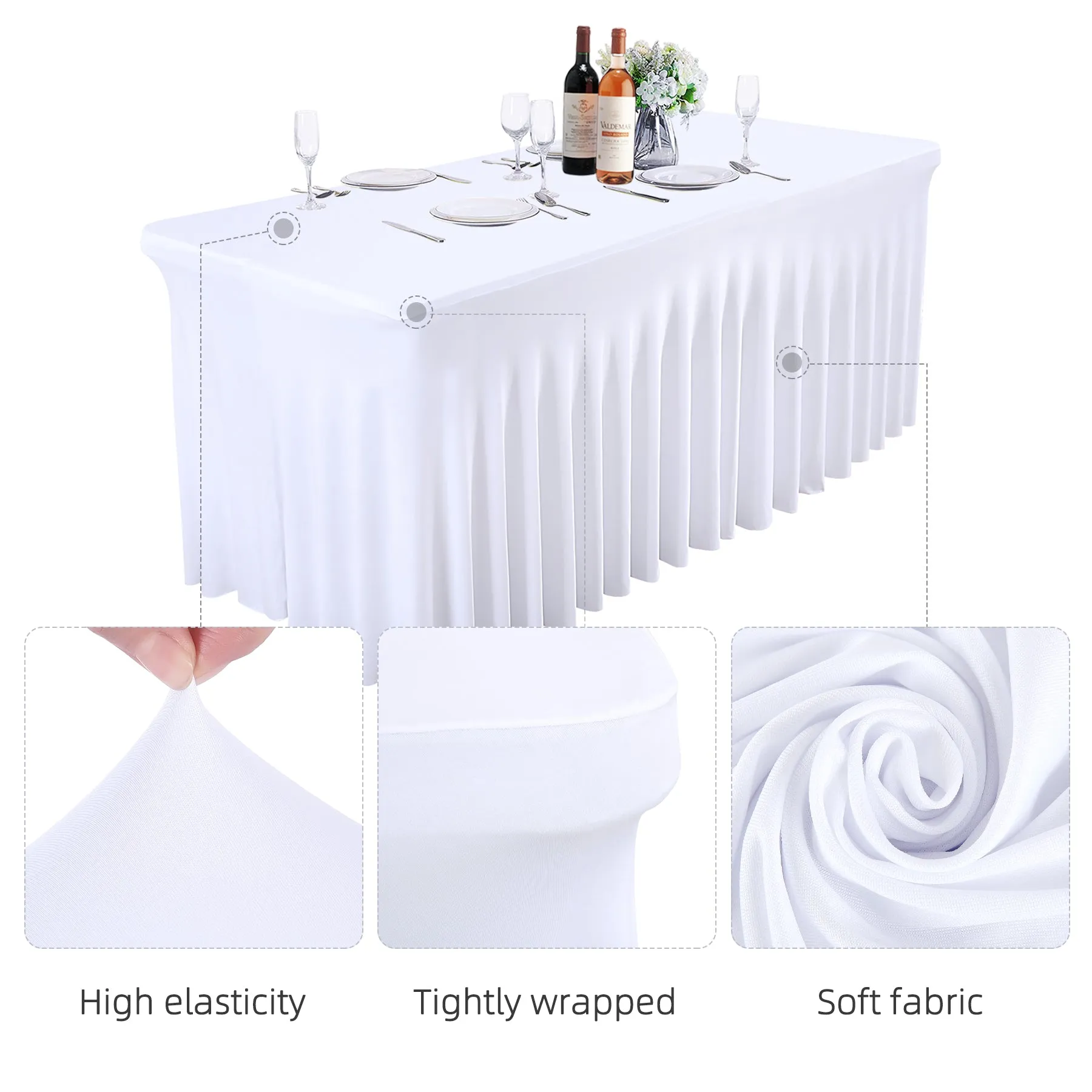 HOHO MONKEY White Spandex Tablecloths Wedding Table Skirt for Rectangle Tables 4ft One-Piece Wrinkle-Resistant Ruffles Design Perfect for Banquets Parties