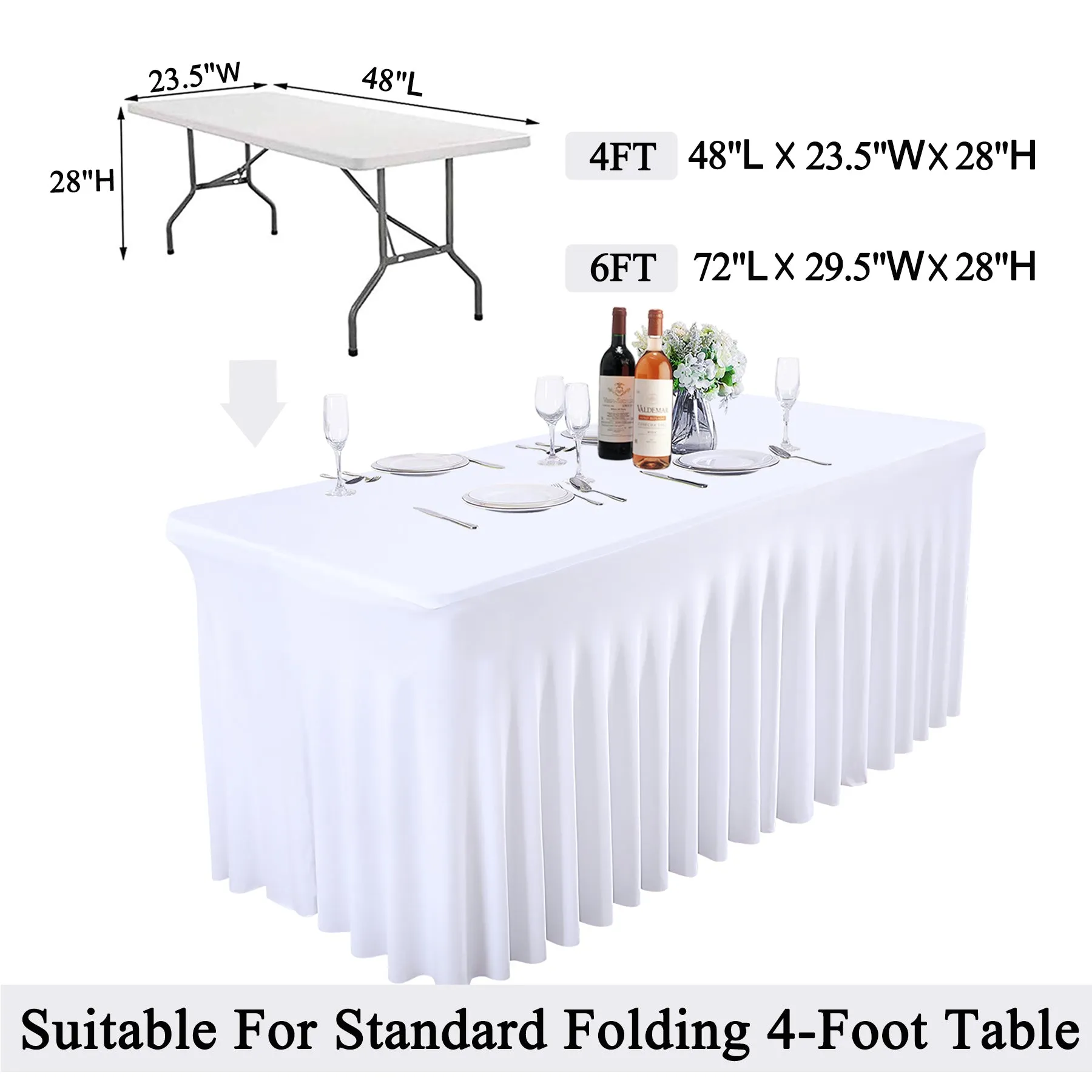 HOHO MONKEY White Spandex Tablecloths Wedding Table Skirt for Rectangle Tables 4ft One-Piece Wrinkle-Resistant Ruffles Design Perfect for Banquets Parties