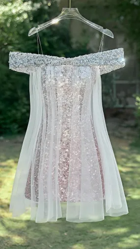 Off The Shoulder Sequin Tight Homecoming Dresses With Tulle Cover, LTP3336